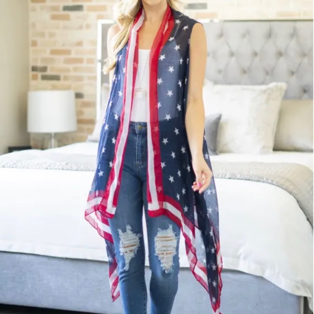 NIP Sheer & Flowing Flag Kimono Patriotic Red White Blue Coverup July 4th